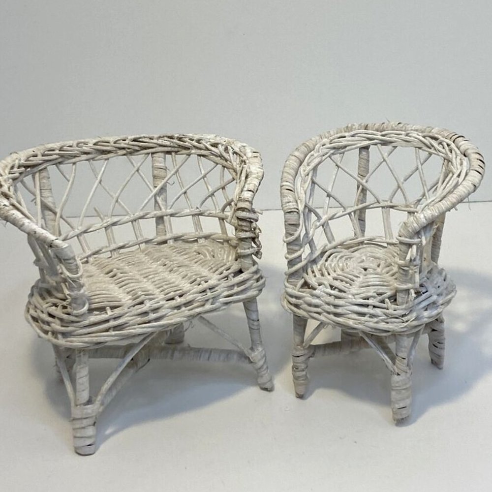 2 Piece Boho White Wicker Doll Chair Set Loveseat and Single